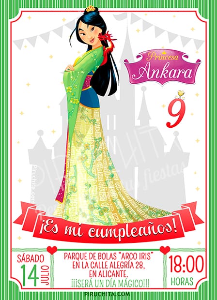 Invitación cumpleaños Mulan #01 | Digital Imprimible
